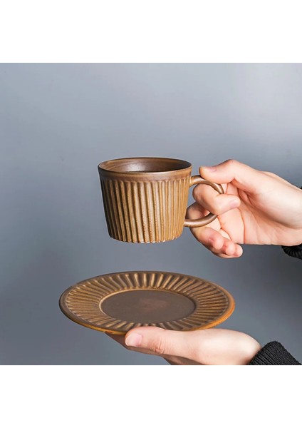 Sarı Kahve Fincanı Retro Seramik Kahve Fincanı ve Tabağı Seti 150 ml Japon Dikey Taneli Kaba Çömlek Yeniden Kullanılabilir Kahve Fincanı Cafe Tazas Latte Fincan (Yurt Dışından) modelleri
