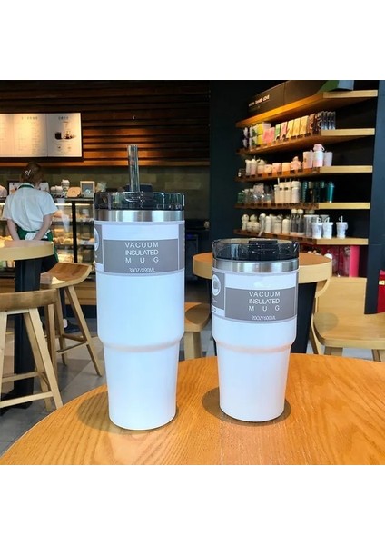 Beyaz 30OZ900ML 30OZ 20OZ Saman Kahve Yalıtım Kulplu Fincan Taşınabilir Araba Paslanmaz Çelik Su Şişesi Büyük Kapasiteli Seyahat Bira Kupası (Yurt Dışından)