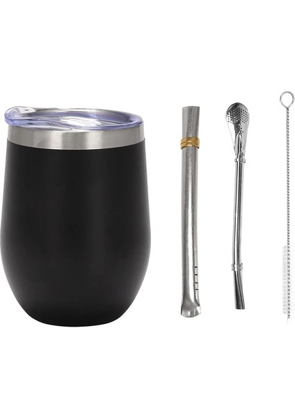 Siyah Yerba Mate Kabak Çay Bardağı Seti 12 Oz, Çift Duvar Paslanmaz Kahve Su Kapaklı Bardak 2 Bombillas Payet Kaşık ve Fırça (Yurt Dışından)