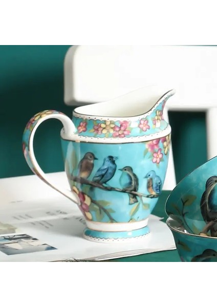 Kremalı Mavi Kuş Kemik Çini Kahve Seti Avrupa Tarzı Porselen Çay Bardağı Seti Gelişmiş Seramik Kupa Pot Şekerlik Kremalı Demlik Çay Seti (Yurt Dışından)