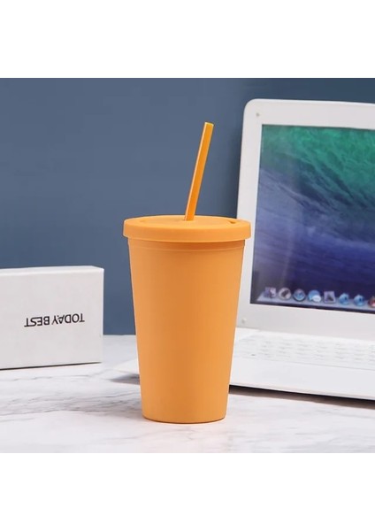 Orange 450ML 450ML Mat Feel Kahve Fincanı Food Grade Pp Plastik Macaron Öğrenci Fincanı Şeker Renkli Su Bardağı 450ML Buzlu Plastik Pipetli Bardak (Yurt Dışından)