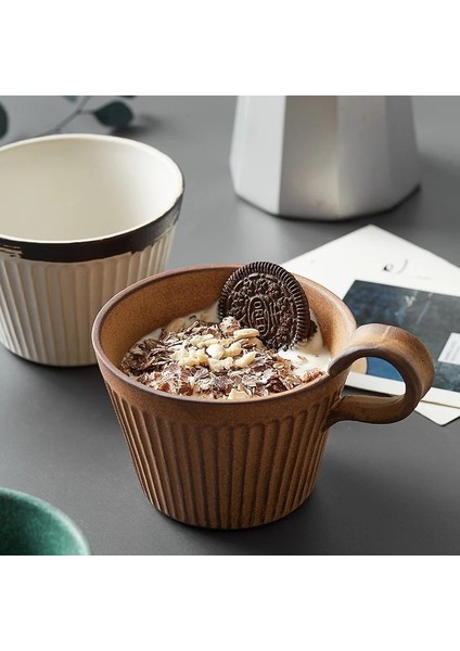 Retro Sarı 320 ml Stoneware Kahve Seti Paketi Ürünleri Set El Yapımı Japon Tarzı Retro Kahve Fincanı Seramik Kahvaltı Fincan Cappuccino Bardak (Yurt Dışından)