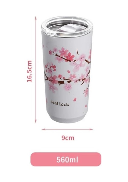 560ML 301-600ML Kiraz Çiçeği Paslanmaz Çelik Termal Kupa Çift Duvar Sızdırmaz Seyahat Kapaklı Fincan Kahve Çay ve Kamp Için Mükemmel (Yurt Dışından)