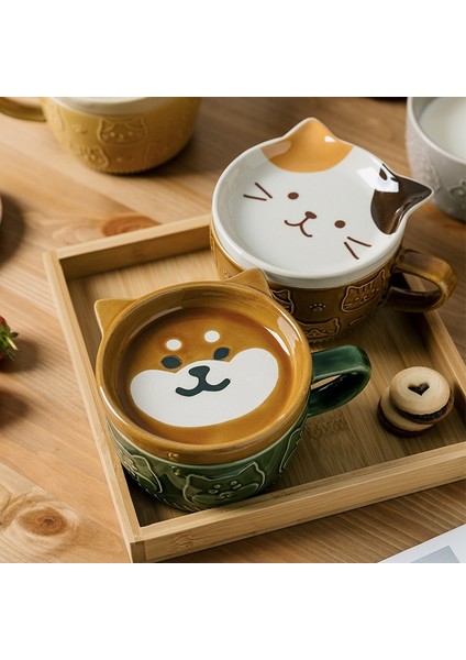 1 Takım Güzel Karikatür Kedi Shiba Inu Seramik Kahve Kapaklı Kupa Çocuk Çift Yetişkin Kahvaltı Süt Kupa Mikrodalgada Ev Ofis Kupa (Yurt Dışından)