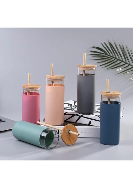 Siyah 600 ml 500/600 ml Taşınabilir Cam Bambu Kapak Saman Su Bardağı Spor Su Şişesi Kahve Pipetli Fincan Açık Seyahat Ev Ofis (Yurt Dışından)