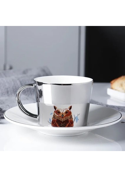Baykuş Gümüş 230 ml 90/230 cm Ins Ayna Yansıma Yaratıcı At Anamorfik Fincan Ayna Yansıma Fincan Sinek Kuşu Kupa Kahve Çay Seti Coaster ile (Yurt Dışından)