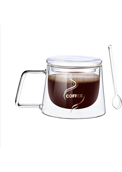 Kaşık ve Kapaklı 200ML 200ML Şeffaf Çift Yalıtımlı Cam Bardak Ev Cam Bardak Kupa Kahve Fincanı Yüksek Güzellik Ev Erkek ve Kız Su Bardağı (Yurt Dışından)