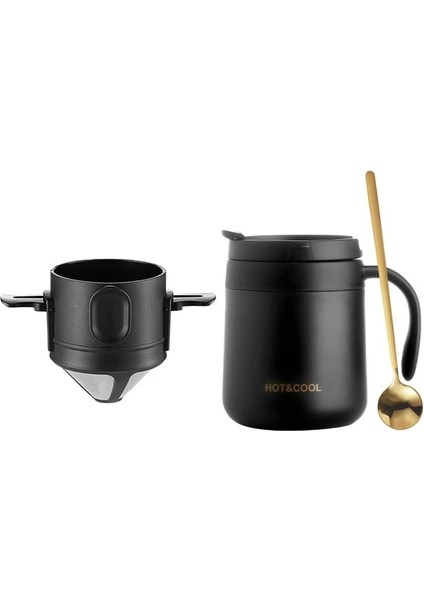 Siyah 350 ml Kahve Aksesuarları Kahve Kupa Bardak Seti Filtre Damlatıcı ile Yeniden Kullanılabilir Paslanmaz Çelik Kaşık Sıcak Tutmak Taşınabilir Siyah Beyaz 350 ml (Yurt Dışından)