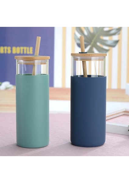 Siyah 600 ml 500/600 ml Taşınabilir Cam Bambu Kapak Saman Su Bardağı Spor Su Şişesi Kahve Pipetli Fincan Açık Seyahat Ev Ofis (Yurt Dışından)