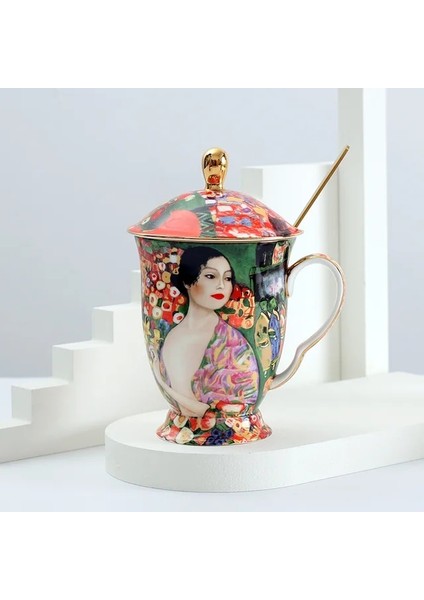 Geisha 400-600ML Vintage Kahve Kapaklı Fincan ve Kaşık Boyama Dayanıklı Kupa Çay Süt Kırsal Espresso Fincan Kişiselleştirilmiş Hediye Araçları (Yurt Dışından)