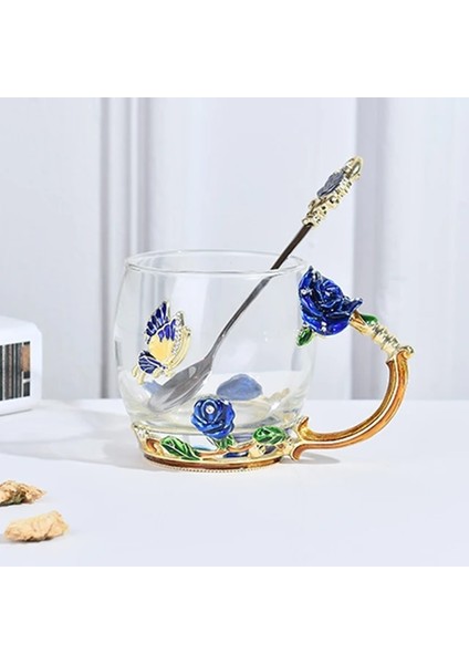 Mavi Kısa Spoo Emaye Kahve Çay Bardağı Kupa 3D Gül Kelebek Cam Bardak Düğün Hediyesi Çiçek Çay Bardağı Yüksek Dereceli Cam Drinkware Çift Kupa Re (Yurt Dışından)