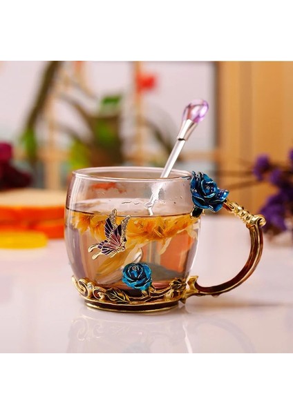 Mavi Kısa Spoo Emaye Kahve Çay Bardağı Kupa 3D Gül Kelebek Cam Bardak Düğün Hediyesi Çiçek Çay Bardağı Yüksek Dereceli Cam Drinkware Çift Kupa Re (Yurt Dışından)