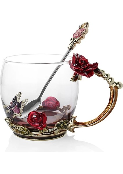 Mavi Kısa Spoo Emaye Kahve Çay Bardağı Kupa 3D Gül Kelebek Cam Bardak Düğün Hediyesi Çiçek Çay Bardağı Yüksek Dereceli Cam Drinkware Çift Kupa Re (Yurt Dışından)