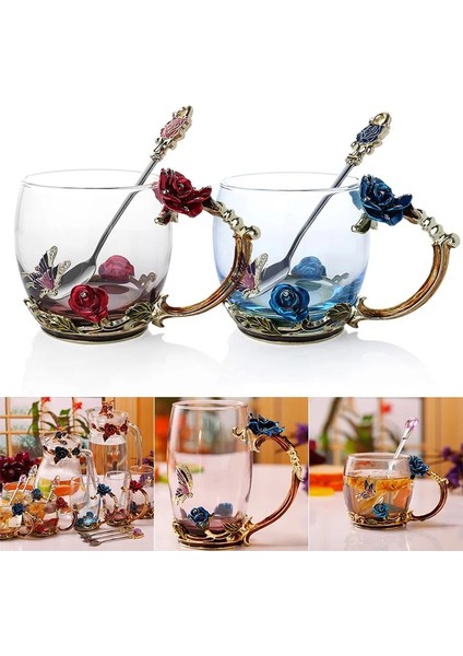 Mavi Kısa Spoo Emaye Kahve Çay Bardağı Kupa 3D Gül Kelebek Cam Bardak Düğün Hediyesi Çiçek Çay Bardağı Yüksek Dereceli Cam Drinkware Çift Kupa Re (Yurt Dışından)