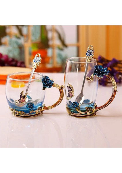 Mavi Kısa Spoo Emaye Kahve Çay Bardağı Kupa 3D Gül Kelebek Cam Bardak Düğün Hediyesi Çiçek Çay Bardağı Yüksek Dereceli Cam Drinkware Çift Kupa Re (Yurt Dışından)
