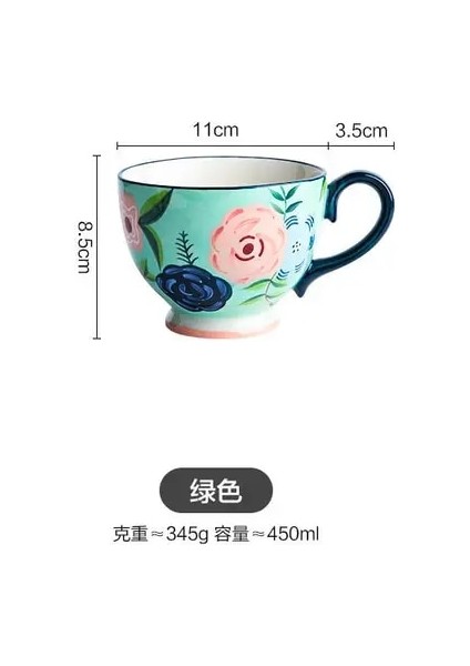 Yeşil 450 ml El-Boyalı Gül Çiçek Seramik Kupa Kolu Kupa Kız Sevimli Çay Bardağı Su Bardağı Kahvaltı Süt Kahve Fincanı Serin Tazas Arkadaş Için Hediye (Yurt Dışından)