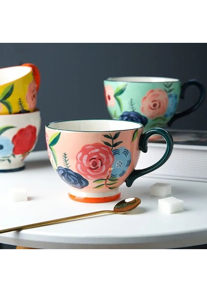 Yeşil 450 ml El-Boyalı Gül Çiçek Seramik Kupa Kolu Kupa Kız Sevimli Çay Bardağı Su Bardağı Kahvaltı Süt Kahve Fincanı Serin Tazas Arkadaş Için Hediye (Yurt Dışından) modelleri