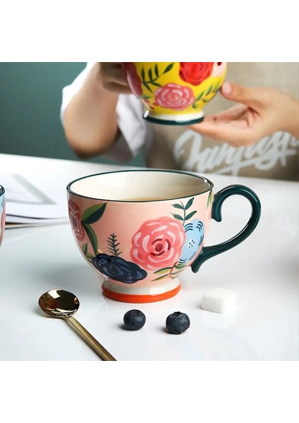 Yeşil 450 ml El-Boyalı Gül Çiçek Seramik Kupa Kolu Kupa Kız Sevimli Çay Bardağı Su Bardağı Kahvaltı Süt Kahve Fincanı Serin Tazas Arkadaş Için Hediye (Yurt Dışından) fırsatları