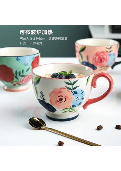 Yeşil 450 ml El-Boyalı Gül Çiçek Seramik Kupa Kolu Kupa Kız Sevimli Çay Bardağı Su Bardağı Kahvaltı Süt Kahve Fincanı Serin Tazas Arkadaş Için Hediye (Yurt Dışından) indirimleri