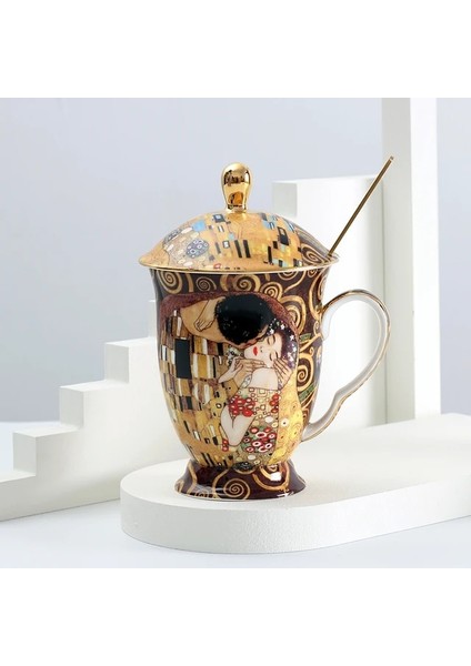 Kiss 400-600ML Kahve Kapaklı Fincan ve Kaşık Kemik Antik Çin Klimt Boyama Çay Bardağı Kahve Kapaklı Fincan (Yurt Dışından)