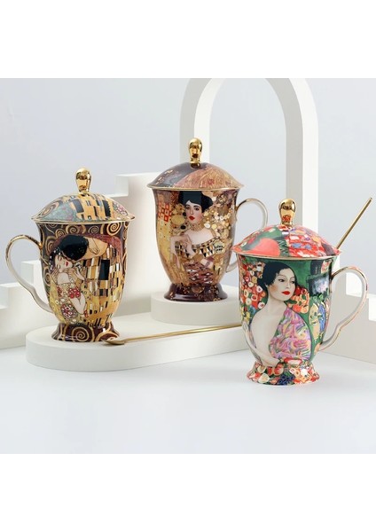 Kiss 400-600ML Kahve Kapaklı Fincan ve Kaşık Kemik Antik Çin Klimt Boyama Çay Bardağı Kahve Kapaklı Fincan (Yurt Dışından)