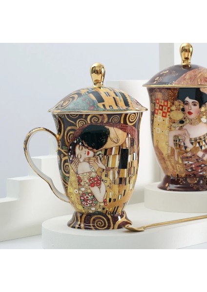 Kiss 400-600ML Kahve Kapaklı Fincan ve Kaşık Kemik Antik Çin Klimt Boyama Çay Bardağı Kahve Kapaklı Fincan (Yurt Dışından)