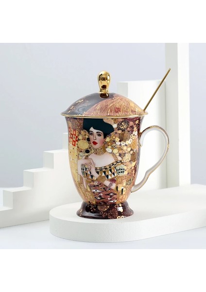 Kiss 400-600ML Kahve Kapaklı Fincan ve Kaşık Kemik Antik Çin Klimt Boyama Çay Bardağı Kahve Kapaklı Fincan (Yurt Dışından)