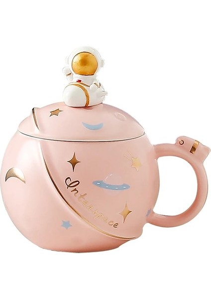 Pembe 450 ml Yaratıcı Karikatür Astronot Kupa Çift Gezegen Büyük Seramik Kupa Ofis Süt Kahve Kapaklı Fincan Estetik Kupa Seti (Yurt Dışından)