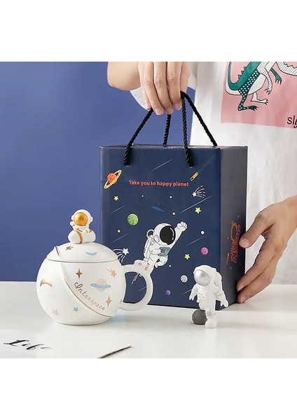 Pembe 450 ml Yaratıcı Karikatür Astronot Kupa Çift Gezegen Büyük Seramik Kupa Ofis Süt Kahve Kapaklı Fincan Estetik Kupa Seti (Yurt Dışından)
