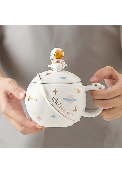 Pembe 450 ml Yaratıcı Karikatür Astronot Kupa Çift Gezegen Büyük Seramik Kupa Ofis Süt Kahve Kapaklı Fincan Estetik Kupa Seti (Yurt Dışından)