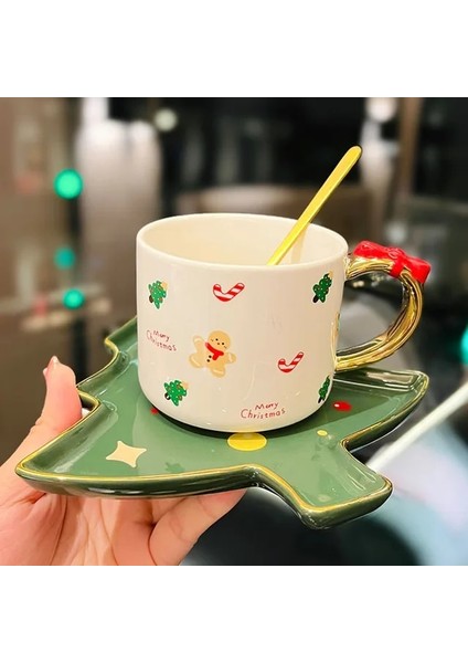Noel Ağacı 300 ml Noel Hediyesi Seramik Kahve Fincanı Su Bardağı Altın High-End Küçük Lüks Zarif Hediye Kaşıklı Fincan ve Tabak (Yurt Dışından)