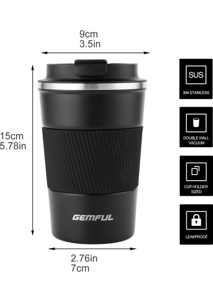 Siyah 380ML 13OZ Gemful 13OZ Yalıtımlı Seyahat Kahve Kupa 380ML Paslanmaz Çelik Vakum Bardak (Yurt Dışından) indirimleri