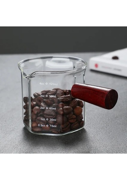 Stil 2 120ML Isıya Dayanıklı Cam Kahve Espresso Ölçüm Fincan Cam Süt Sürahisi Latte Mikser Ahşap Saplı Cam Ölçekli Ölçü Kupalar (Yurt Dışından)
