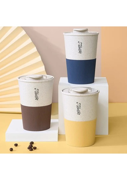 B Taşınabilir Kahve Fincanı Çift Duvar Kupa Buğday Samanı Malzeme Plastik Seyahat Su Kapaklı Bardak Kadın Erkek Içme Bardağı Hediye (Yurt Dışından)