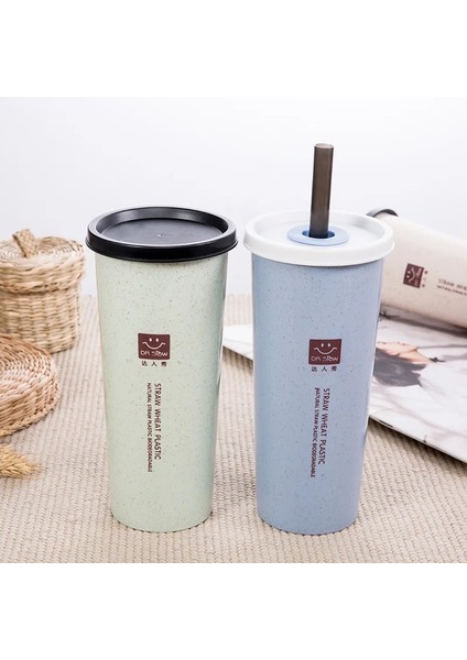 Mavi Su Bardağı Taşınabilir Kolay Bardak Çift Kapak Kola Kahve Plastik Seyahat Buğday Samanı Su Kapaklı Bardak Bardak Içme Bardağı Aile Hediye (Yurt Dışından)
