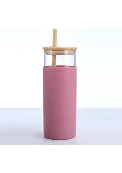 Pembe 600ML 500/600ML Taşınabilir Cam Bambu Kapaklı Saman Su Bardağı Spor Su Şişesi Kahve Pipetli Fincan Açık Seyahat Ev Ofis (Yurt Dışından)