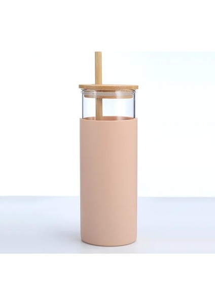 Bej 500ML 500/600ML Taşınabilir Cam Bambu Kapaklı Saman Su Bardağı Spor Su Şişesi Kahve Pipetli Fincan Açık Seyahat Ev Ofis (Yurt Dışından)