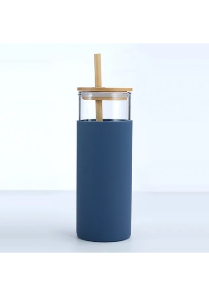 Mavi 600ML 500/600ML Taşınabilir Cam Bambu Kapaklı Saman Su Bardağı Spor Su Şişesi Kahve Pipetli Fincan Açık Seyahat Ev Ofis (Yurt Dışından)