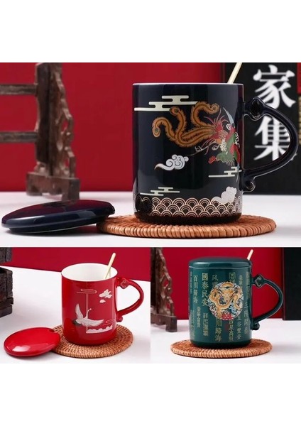 Stil 2 Çin Tarzı Seramik Kupa Kapaklı Bardak Kaşık Orient Vinç Kahve Kupa Çay Fincanı Su Kahvaltı Bardak Cafe Drinkware Hatıra Hediyeler (Yurt Dışından)