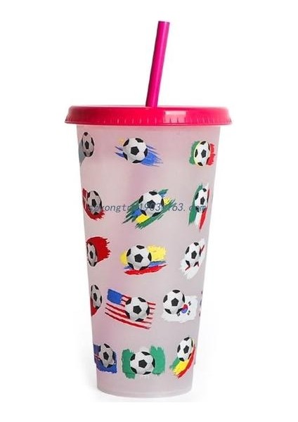 Kırmızı Renk Değiştiren Su Şişesi Taşınabilir Seyahat Kupa Futbol Bayrağı Su Içme Pipetli Bardak ve Kapaklı Plastik Bardak (Yurt Dışından)