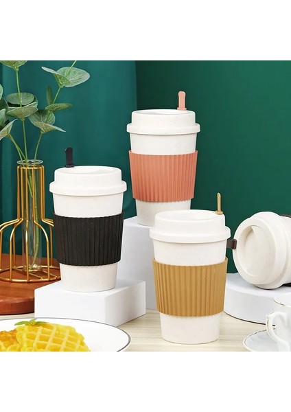 Bej Yeniden Kullanılabilir Kahve Fincanları Kapaklı Buğday Samanı Taşınabilir Kahve Fincanı Bulaşık Makinesinde Yıkanabilir Çevre Dostu Kahve Kupa Kahve Çay Espresso Bardak (Yurt Dışından)