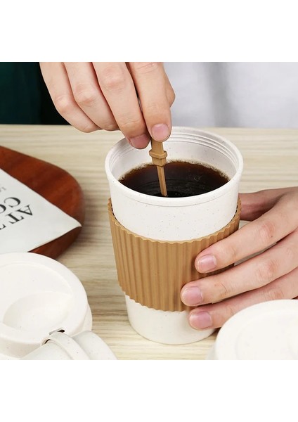 Bej Yeniden Kullanılabilir Kahve Fincanları Kapaklı Buğday Samanı Taşınabilir Kahve Fincanı Bulaşık Makinesinde Yıkanabilir Çevre Dostu Kahve Kupa Kahve Çay Espresso Bardak (Yurt Dışından)