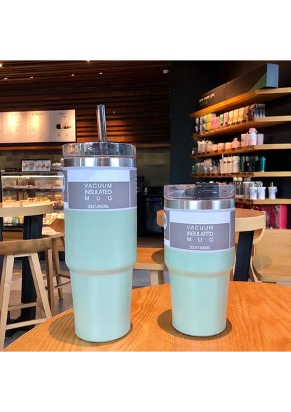 Yeşil 30OZ900ML 30OZ 20OZ Saman Kahve Yalıtım Kulplu Fincan Taşınabilir Araba Paslanmaz Çelik Su Şişesi Büyük Kapasiteli Seyahat Bira Kupası (Yurt Dışından)