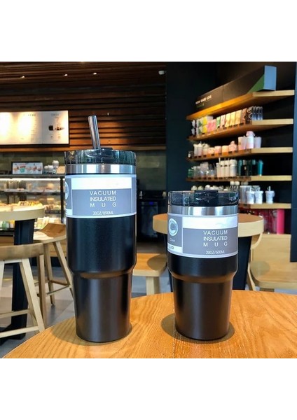 Siyah 20OZ600ML 30OZ 20OZ Saman Kahve Yalıtım Kulplu Fincan Taşınabilir Araba Paslanmaz Çelik Su Şişesi Büyük Kapasiteli Seyahat Bira Kupa (Yurt Dışından)