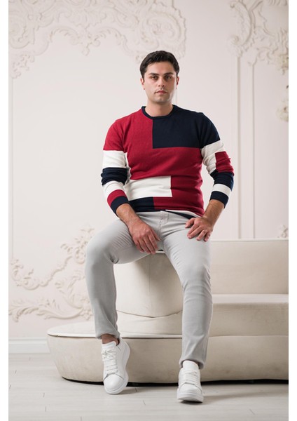 Slimfit Sıfır Tasarımyaka Desenli Pamuklu Erkek Spor Kazak