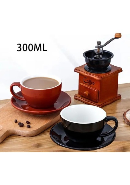 Tamamen Sırlı Siyah Avrupa Minimalist Lüks Kahve Fincanı Cappuccino Latte Seramik Latte Sanat Profesyonel Kahve Fincanı Fincan Tabağı Seti 300 ml (Yurt Dışından)