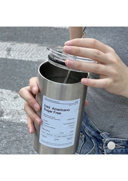 A-600ML Ins Çelik Paslanmaz Kahve Pipetli Fincan Taşınabilir Açık Seyahat Su Şişesi Çay Bardak Büyük Kapasiteli Yalıtımlı Termal Tasse (Yurt Dışından)