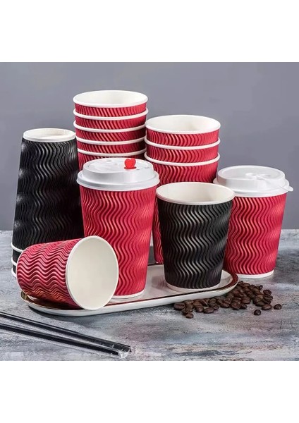 50 Adet Siyah 16 Oz 50 Adet Tek Kullanımlık Kahve Fincanları Kağıt Kalınlaşmış Anti-Haşlanma Oluklu Kağıt Bardak Süt Çay Sıcak Içecek Bardak Kraft Kağıt Kapaklı Bardak (Yurt Dışından)