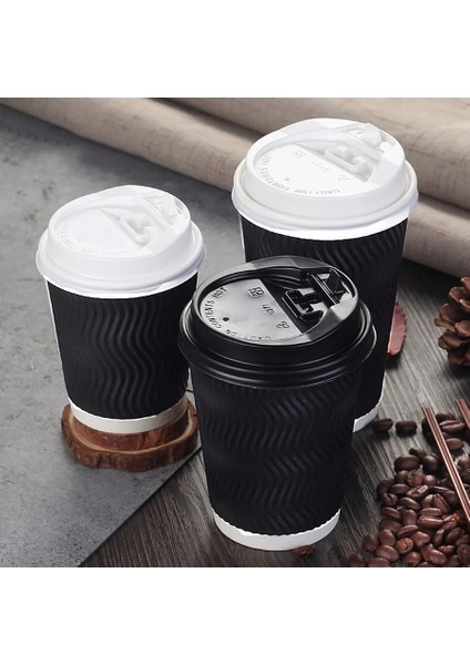 50 Adet Siyah 16 Oz 50 Adet Tek Kullanımlık Kahve Fincanları Kağıt Kalınlaşmış Anti-Haşlanma Oluklu Kağıt Bardak Süt Çay Sıcak Içecek Bardak Kraft Kağıt Kapaklı Bardak (Yurt Dışından)