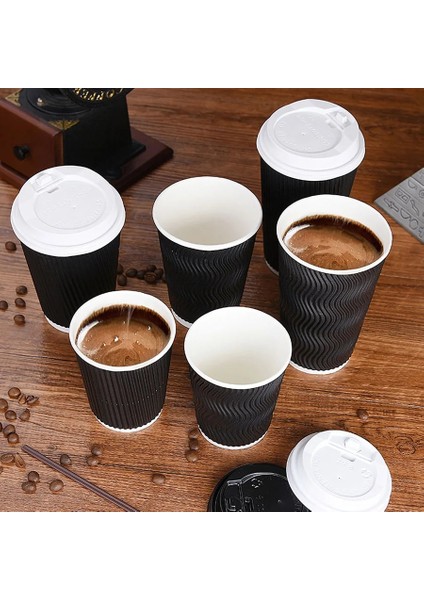 50 Adet Siyah 16 Oz 50 Adet Tek Kullanımlık Kahve Fincanları Kağıt Kalınlaşmış Anti-Haşlanma Oluklu Kağıt Bardak Süt Çay Sıcak Içecek Bardak Kraft Kağıt Kapaklı Bardak (Yurt Dışından)
